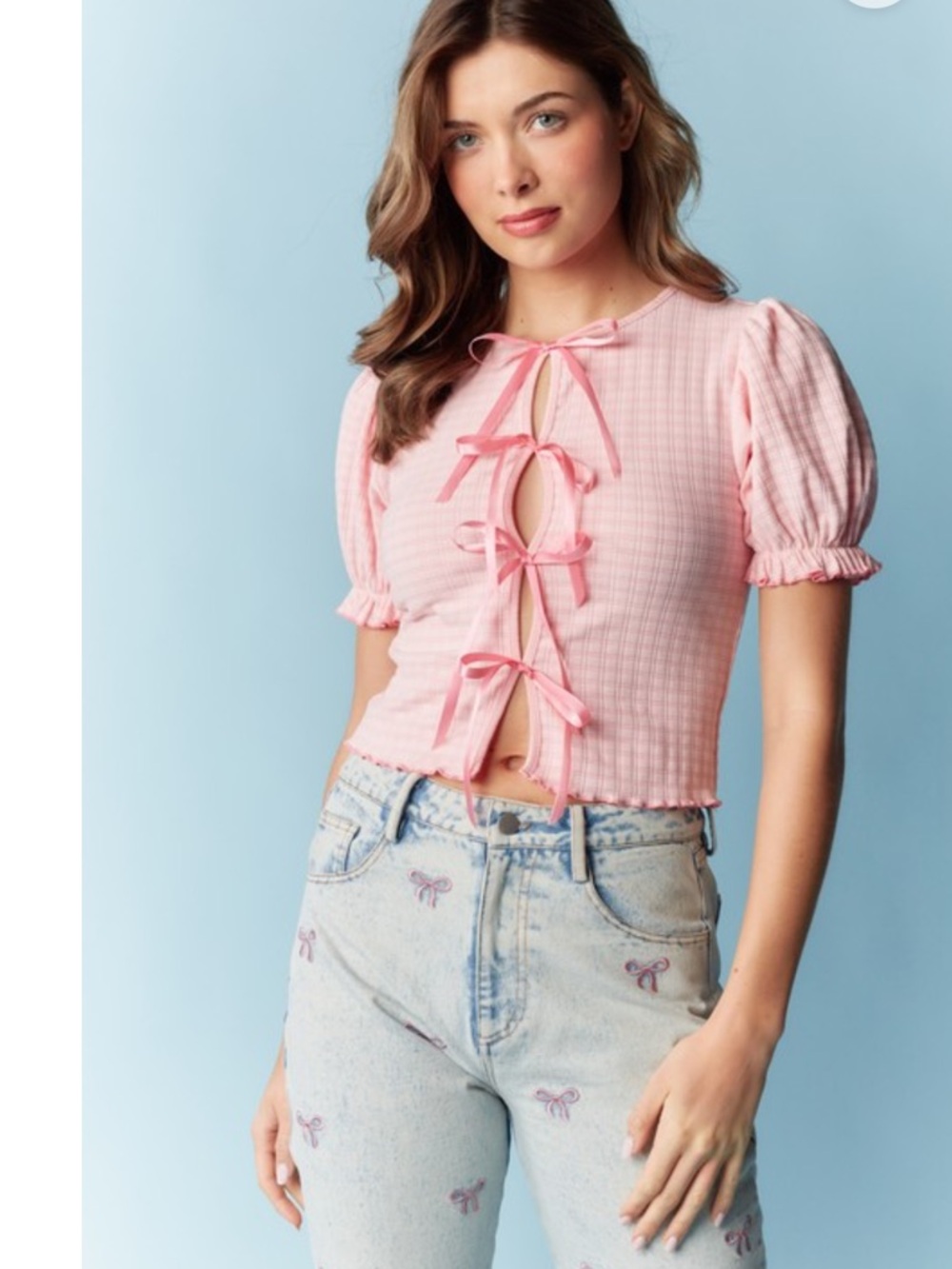 985. Gingham bow tie pufff sleeve knit top in pink